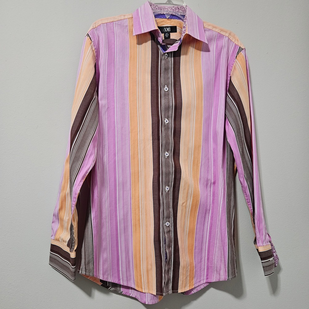 XMI Mens Striped Button Down Shirt Purple Orange Brown Long Sleeve Cotton Size M
